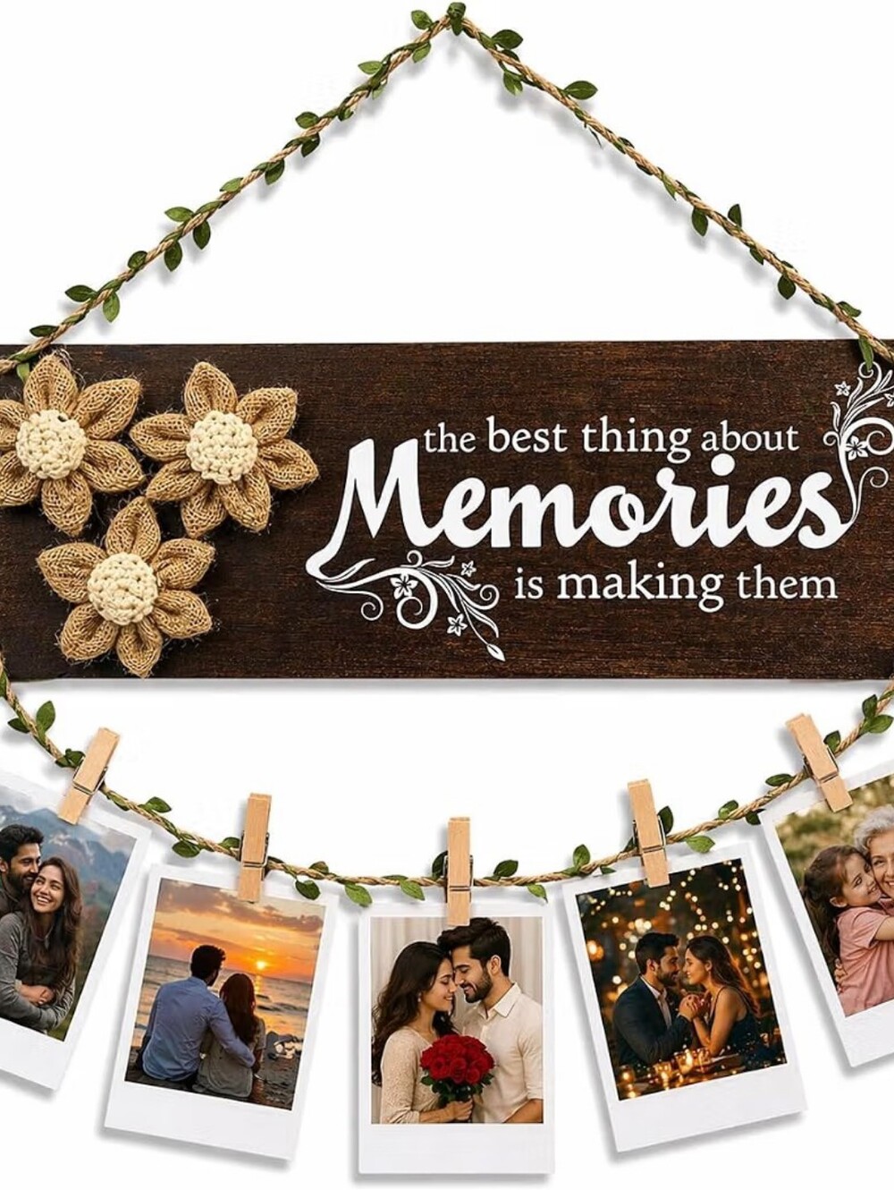 Memories Photo Frame Wall Hanging 16x14" Wood Photo Display w/ Clips & Flowers